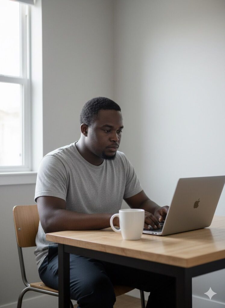 Person working on a laptop at a desk in a bright room with a window.